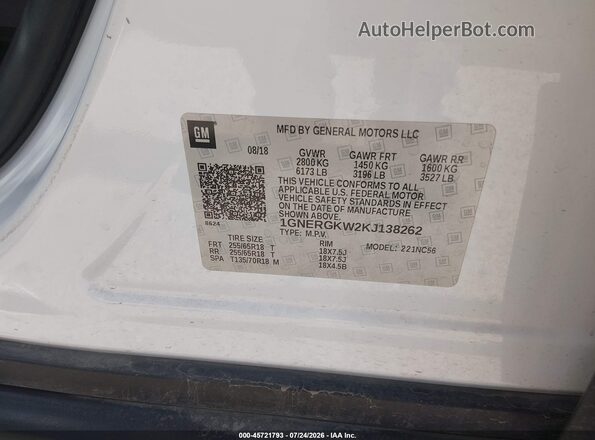 1GNERGKW2KJ138262 2019 CHEVROLET TRAVERSE White ძრავის განყოფილების ხედი
