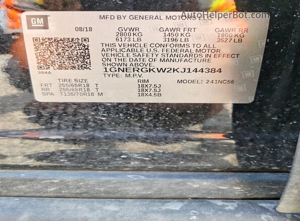 1GNERGKW2KJ144384 2019 CHEVROLET TRAVERSE Black VIN կոդի պիտակի տեսք