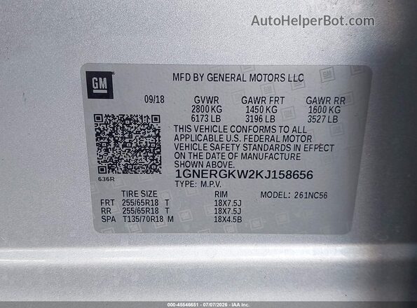 1GNERGKW2KJ158656 2019 CHEVROLET TRAVERSE Silver Engine compartment view