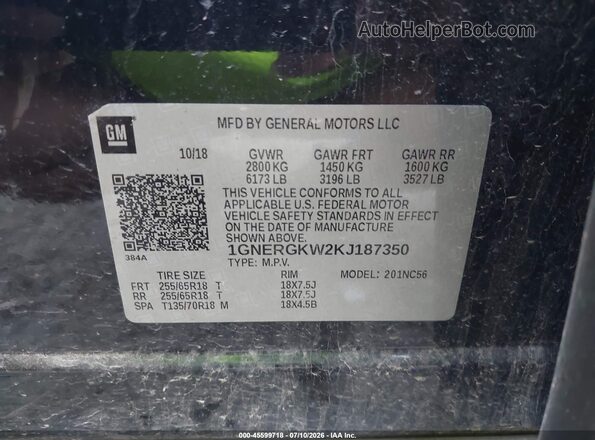 1GNERGKW2KJ187350 2019 CHEVROLET TRAVERSE Черный Вид подкапотного пространства