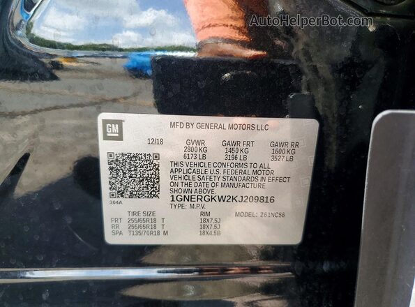 1GNERGKW2KJ209816 2019 CHEVROLET TRAVERSE Черный Вид наклейки с VIN-кодом