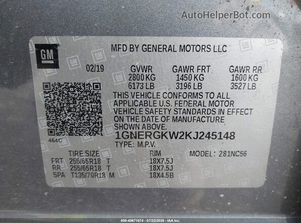 1GNERGKW2KJ245148 2019 CHEVROLET TRAVERSE Gray Vista del compartimento del motor