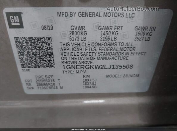 1GNERGKW2LJ135508 2020 CHEVROLET TRAVERSE Brown ძრავის განყოფილების ხედი