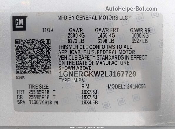 1GNERGKW2LJ167729 2020 CHEVROLET TRAVERSE Silver ძრავის განყოფილების ხედი