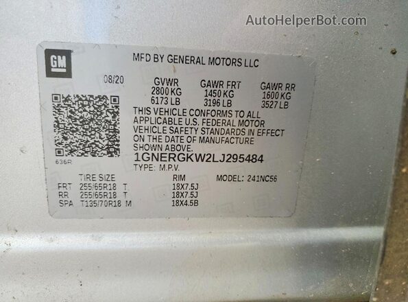 1GNERGKW2LJ295484 2020 CHEVROLET TRAVERSE Silver Вид наклейки з VIN-кодом