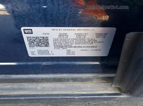 1GNERGKW3NJ150263 2022 CHEVROLET TRAVERSE Синий Вид наклейки с VIN-кодом
