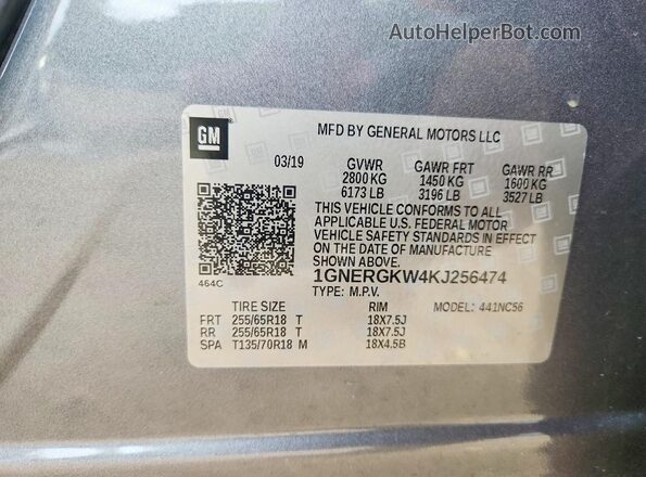 1GNERGKW4KJ256474 2019 CHEVROLET TRAVERSE Gray VIN კოდის სტიკერის ხედი