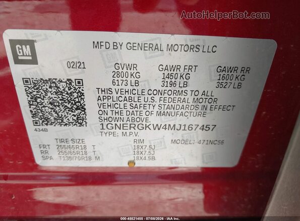 1GNERGKW4MJ167457 2021 CHEVROLET TRAVERSE Red Engine compartment view