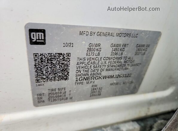 1GNERGKW4MJ263122 2021 CHEVROLET TRAVERSE White Widok naklejki z numerem VIN