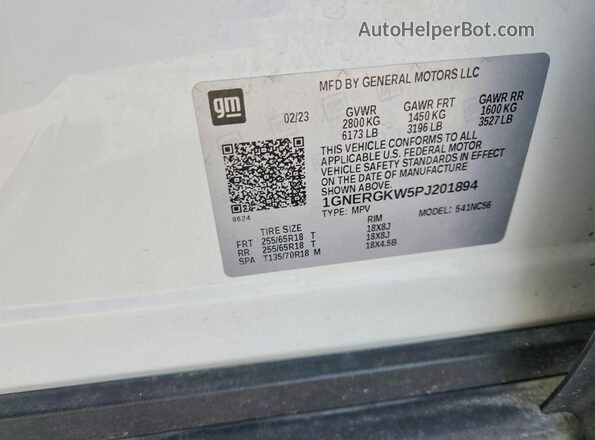 1GNERGKW5PJ201894 2023 CHEVROLET TRAVERSE White Вид наклейки з VIN-кодом