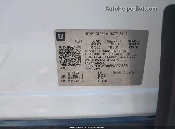 1GNERGKW6KJ273681 2019 CHEVROLET TRAVERSE Белый Вид подкапотного пространства