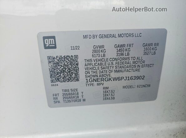 1GNERGKW6PJ163902 2023 CHEVROLET TRAVERSE White Widok naklejki z numerem VIN