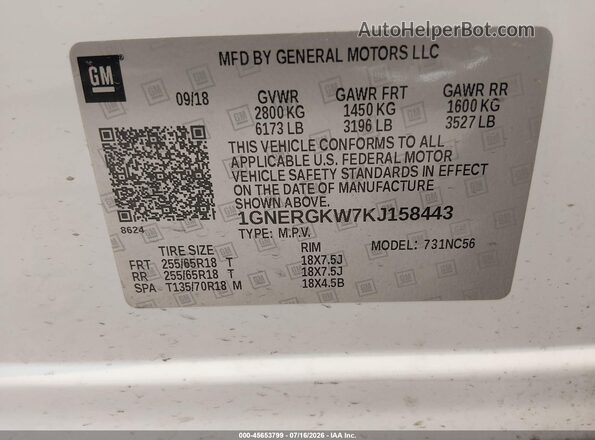 1GNERGKW7KJ158443 2019 CHEVROLET TRAVERSE White ძრავის განყოფილების ხედი