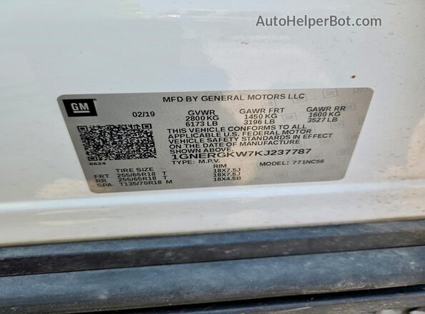 1GNERGKW7KJ237787 2019 CHEVROLET TRAVERSE White VIN կոդի պիտակի տեսք