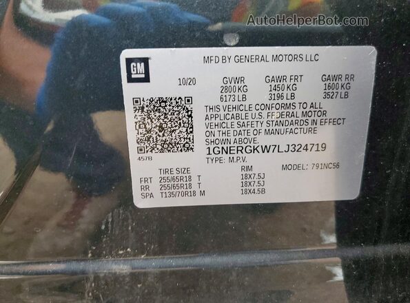 1GNERGKW7LJ324719 2020 CHEVROLET TRAVERSE Black VIN კოდის სტიკერის ხედი