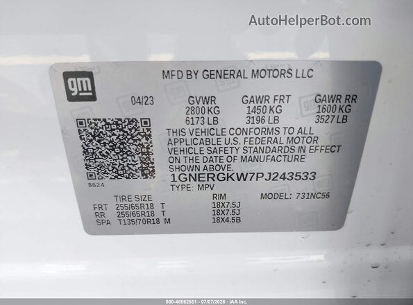 1GNERGKW7PJ243533 2023 CHEVROLET TRAVERSE White Engine compartment view