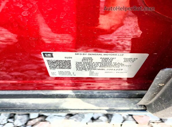 1GNERGKW8LJ201219 2020 CHEVROLET TRAVERSE Red Вид наклейки з VIN-кодом