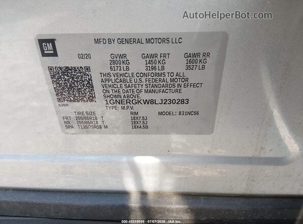 1GNERGKW8LJ230283 2020 CHEVROLET TRAVERSE Silver Vista del compartimento del motor