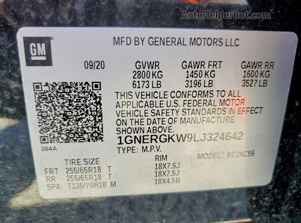 1GNERGKW9LJ324642 2020 CHEVROLET TRAVERSE Black Vista de la etiqueta del VIN