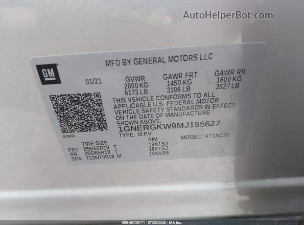 1GNERGKW9MJ155627 2021 CHEVROLET TRAVERSE Серебряный Вид подкапотного пространства