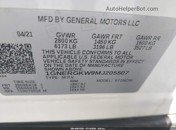 1GNERGKW9MJ205507 2021 CHEVROLET TRAVERSE White Вид підкапотного простору