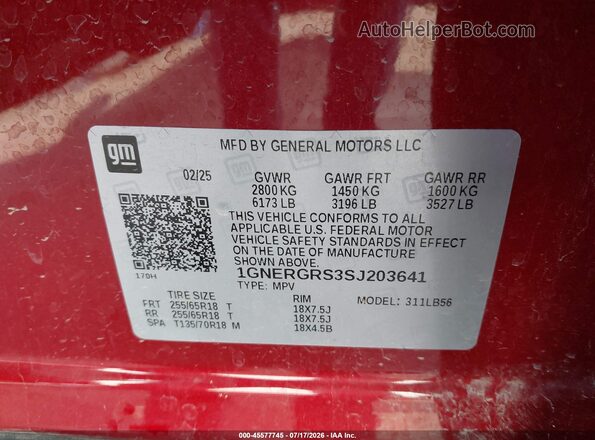 1GNERGRS3SJ203641 2025 CHEVROLET TRAVERSE Red Widok komory silnika