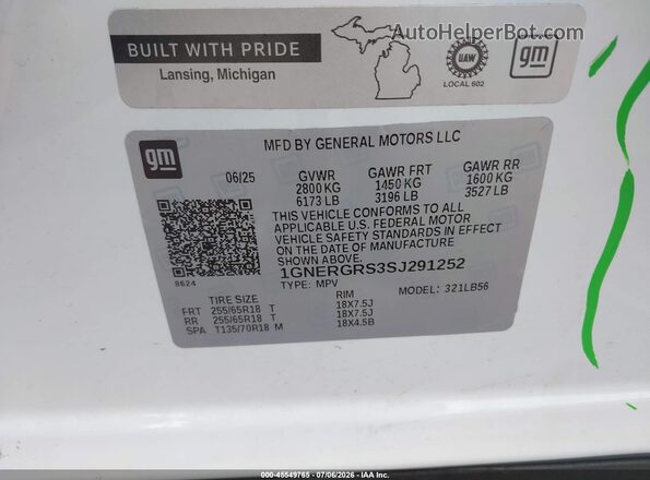 1GNERGRS3SJ291252 2025 CHEVROLET TRAVERSE White Շարժիչի բաժամունքի տեսք