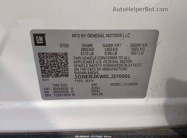 1GNERJKW0LJ270001 2020 CHEVROLET TRAVERSE White Вид підкапотного простору