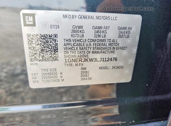 1GNERJKW3LJ112476 2020 CHEVROLET TRAVERSE Gray Вид наклейки з VIN-кодом