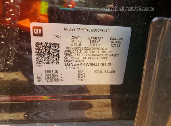 1GNERKKW6NJ145142 2022 CHEVROLET TRAVERSE Burgundy Widok naklejki z numerem VIN
