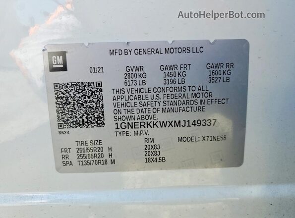 1GNERKKWXMJ149337 2021 CHEVROLET TRAVERSE White სალონის 360-გრადუსიანი ხედი