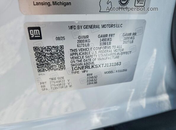 1GNERLKSXTJ131163 2026 CHEVROLET TRAVERSE White Vista de la etiqueta del VIN