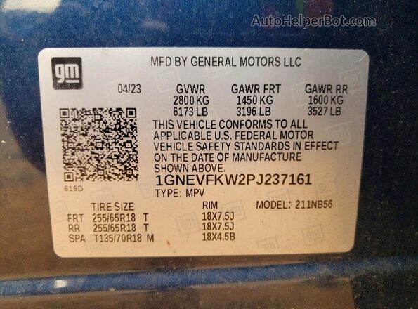 1GNEVFKW2PJ237161 2023 CHEVROLET TRAVERSE Blue Вид наклейки з VIN-кодом