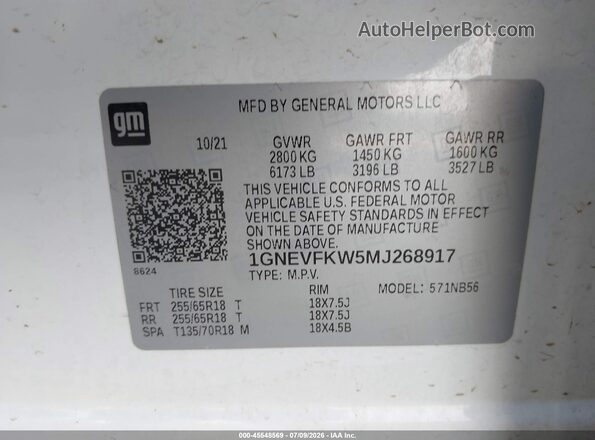 1GNEVFKW5MJ268917 2021 CHEVROLET TRAVERSE White Widok komory silnika