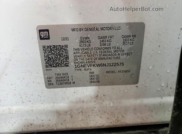 1GNEVFKW6NJ122575 2022 CHEVROLET TRAVERSE White Вид підкапотного простору