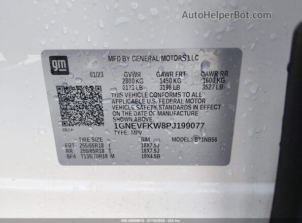 1GNEVFKW8PJ199077 2023 CHEVROLET TRAVERSE White Vista del compartimento del motor