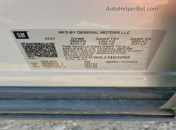 1GNEVFKWXJJ103263 2018 CHEVROLET TRAVERSE Silver Widok naklejki z numerem VIN