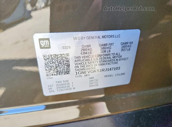1GNEVGKS1RJ147103 2024 CHEVROLET TRAVERSE Gray Vista interior de 360 grados