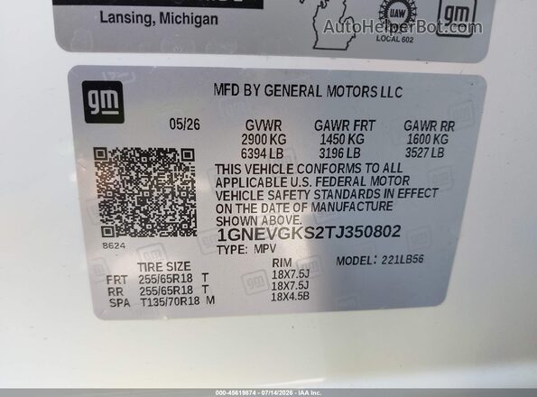 1GNEVGKS2TJ350802 2026 CHEVROLET TRAVERSE White Engine compartment view