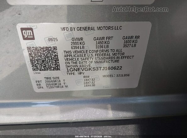 1GNEVGKS3TJ160622 2026 CHEVROLET TRAVERSE Gray Vista del compartimento del motor