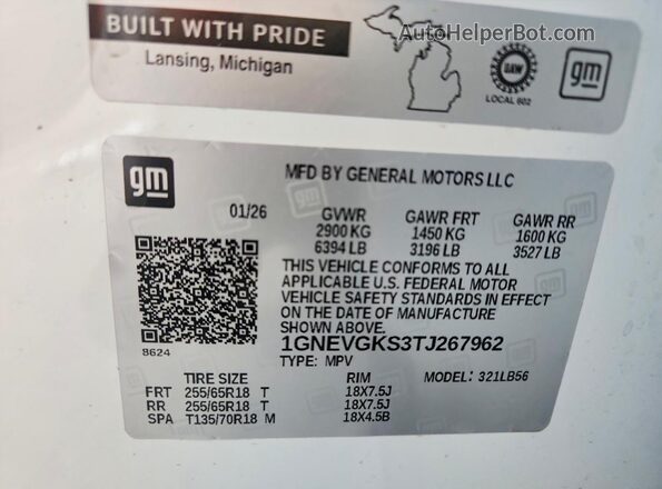 1GNEVGKS3TJ267962 2026 CHEVROLET TRAVERSE White VIN կոդի պիտակի տեսք