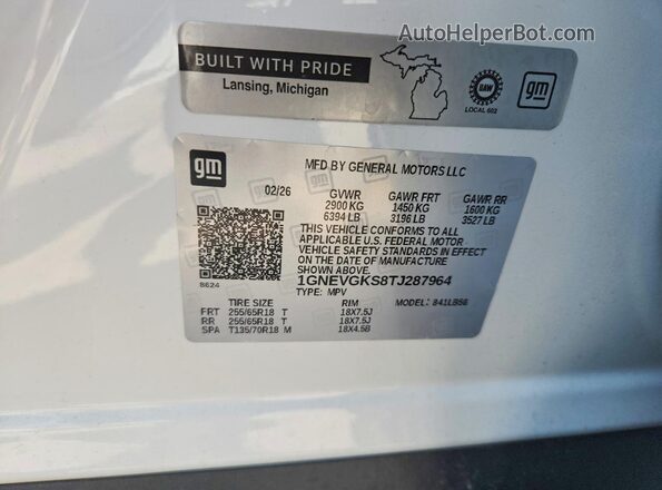 1GNEVGKS8TJ287964 2026 CHEVROLET TRAVERSE White VIN sticker view