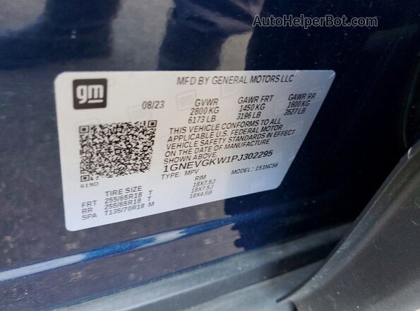 1GNEVGKW1PJ302295 2023 CHEVROLET TRAVERSE Blue Вид наклейки з VIN-кодом