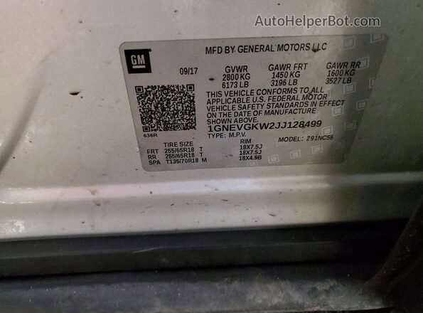 1GNEVGKW2JJ128499 2018 CHEVROLET TRAVERSE Silver Vista de la etiqueta del VIN