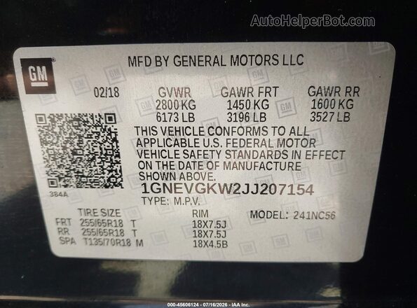1GNEVGKW2JJ207154 2018 CHEVROLET TRAVERSE Black ძრავის განყოფილების ხედი