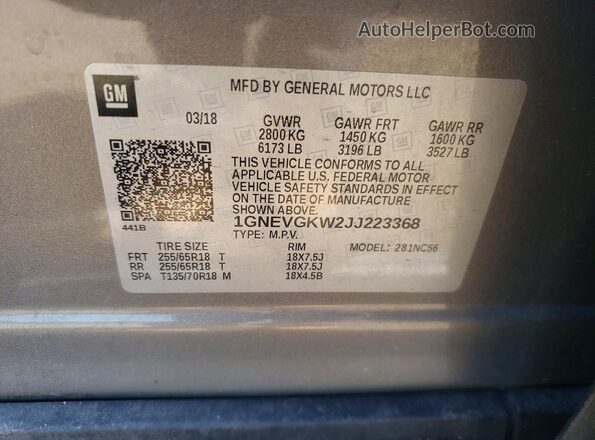 1GNEVGKW2JJ223368 2018 CHEVROLET TRAVERSE Gray VIN კოდის სტიკერის ხედი