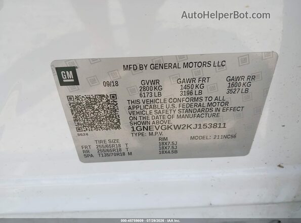 1GNEVGKW2KJ153811 2019 CHEVROLET TRAVERSE White ძრავის განყოფილების ხედი