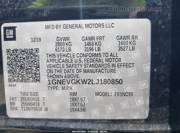 1GNEVGKW2LJ180850 2020 CHEVROLET TRAVERSE Black Engine compartment view