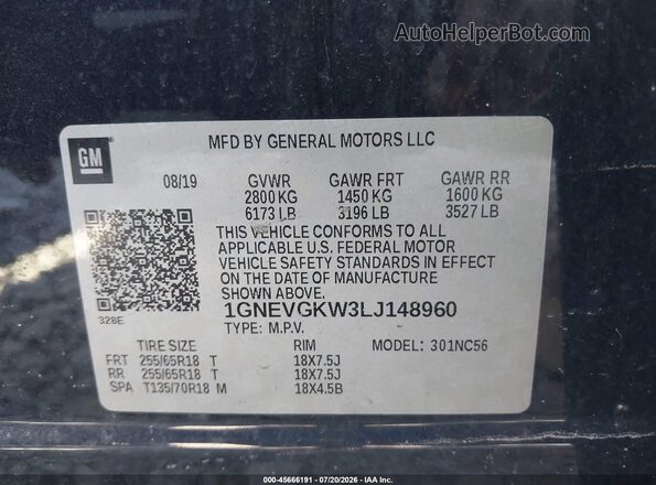 1GNEVGKW3LJ148960 2020 CHEVROLET TRAVERSE Blue Vista del compartimento del motor