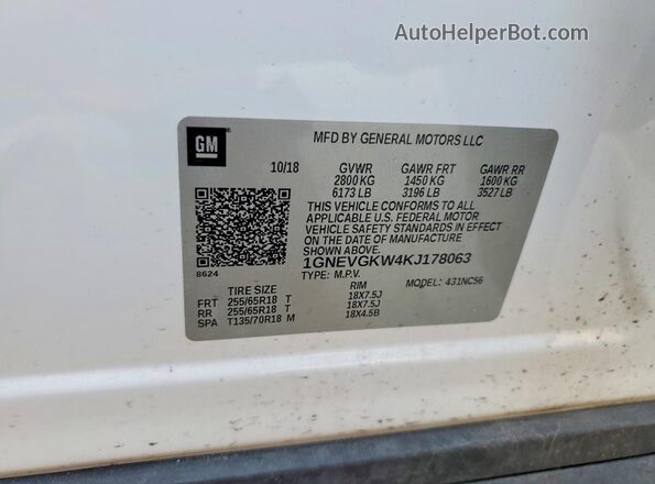 1GNEVGKW4KJ178063 2019 CHEVROLET TRAVERSE White VIN კოდის სტიკერის ხედი